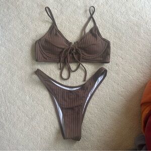 SHEIN Brown Ribbed Bikini Set with Bralette Top